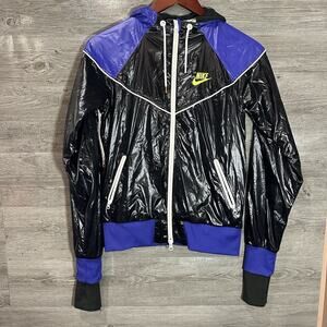 Nike Black/Indigo Blue Small Womens Hooded Jacket Thumb Holes Water Resistant